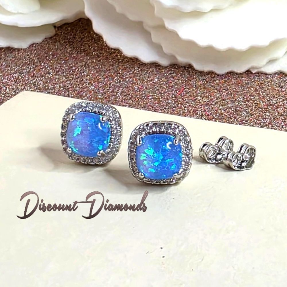 Blue Fire Opal Earrings with White Baguette Diamonds 925 Sterling Silver